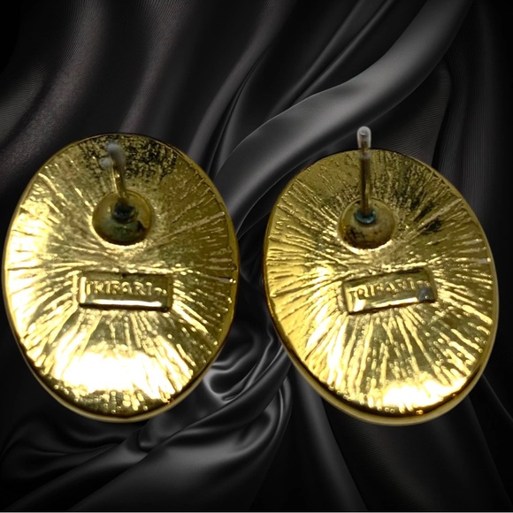 Vintage 1980s Trifari Large Gold & Red Cabochon Pierced Earrings Couture Jewelry - Picture 3 of 6